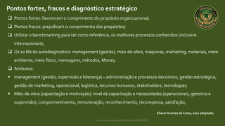 Curso de capacitação profissional IBRAGESP
EliezerArantes da Costa, 2007 adaptado.
Pontos fortes, fracos e diagnóstico estratégico
 Pontos fortes: favorecem o cumprimento do propósito organizacional;
 Pontos fracos: prejudicam o cumprimento dos propósitos;
 Utilizar o benchmarking para ter como referência, os melhores processos conhecidos (inclusive
internacionais);
 Os 10 Ms do autodiagnostico: management (gestão), mão-de-obra, máquinas, marketing, materiais, meio
ambiente, meio físico, mensagens, métodos, Money.
 Atributos:
 management (gestão, supervisão e liderança) – administração e processos decisórios, gestão estratégica,
gestão de marketing, operacional, logística, recursos humanos, stakeholders, tecnologias;
 Mão-de-obra (capacitação e motivação): nível de capacitação e necessidades (operacionais, gerencia e
supervisão), comprometimento, remuneração, reconhecimento, recompensa, satisfação;
 