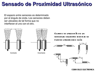 Sensado de Proximidad Ultrasónico   El espacio entre sensores es determinado por el ángulo de onda. Los sensores deben ser ubicados de tal forma que no interfieran el uno con el otro. Cuando se utiliza más de un sensor las siguientes medidas se pueden utilizar como guía: 