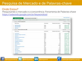 Pesquisa de Mercado e de Palavras-chave
Onde Estou?
Pesquisando o mercado e a concorrência: Ferramenta de Palavras-chave
https://adwords.google.com.br/keywordtool




  /deniszaninilima   @deniszanini   /deniszanini       www.deniszanini.com.br
 