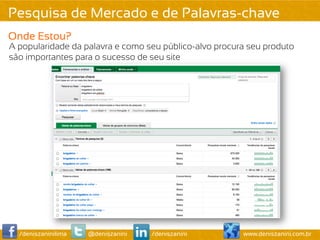 Pesquisa de Mercado e de Palavras-chave
Onde Estou?
A popularidade da palavra e como seu público-alvo procura seu produto
são importantes para o sucesso de seu site




  /deniszaninilima   @deniszanini   /deniszanini        www.deniszanini.com.br
 