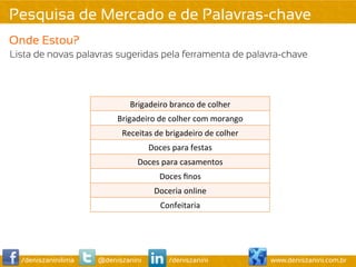 Pesquisa de Mercado e de Palavras-chave
Onde Estou?
Lista de novas palavras sugeridas pela ferramenta de palavra-chave




                              Brigadeiro	
  branco	
  de	
  colher	
  
                          Brigadeiro	
  de	
  colher	
  com	
  morango	
  
                           Receitas	
  de	
  brigadeiro	
  de	
  colher	
  
                                     Doces	
  para	
  festas	
  
                                 Doces	
  para	
  casamentos	
  
                                          Doces	
  ﬁnos	
  
                                       Doceria	
  online	
  
                                          Confeitaria	
  




  /deniszaninilima   @deniszanini            /deniszanini                     www.deniszanini.com.br
 
