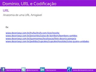 Domínio, URL e Codiﬁcação
URL
Anatomia de uma URL Amigável



 Ex:	
  
 	
  
 www.doceriaxyz.com.br/trufas/trufa-­‐com-­‐licor/receita	
  
 www.doceriaxyz.com.br/presentes/caixa-­‐de-­‐bombom/bombons-­‐sor>dos	
  
 www.doceriaxyz.com.br/quemsomos/localizacao/foto-­‐doceria-­‐pompeia	
  
 www.doceriaxyz.com.br/pedidos/cupcakes/cupcakechocolate/caixa-­‐quatro-­‐unidades	
  
 	
  
 	
  




 /deniszaninilima    @deniszanini        /deniszanini                www.deniszanini.com.br
 