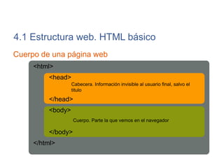 4.1 Estructura web. HTML básico
Cuerpo de una página web
<html>
<head>
</head>
<body>
</body>
</html>
Cabecera. Información invisible al usuario final, salvo el
titulo
Cuerpo. Parte la que vemos en el navegador
 