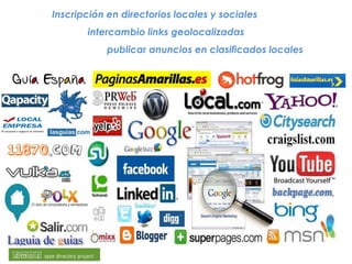 Inscripción en directorios locales y sociales
intercambio links geolocalizadas
publicar anuncios en clasificados locales
 