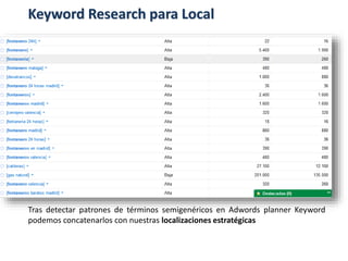 Tras detectar patrones de términos semigenéricos en Adwords planner Keyword
podemos concatenarlos con nuestras localizaciones estratégicas
Keyword Research para Local
 