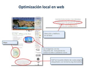Optimización local en web
Dirección y teléfono
en el texto
Mapa
Las imágenes con las
etiquetas Alt, incluyendo los
países locales o palabras clave
NAP en la parte inferior de cada página
etiquetado con Schema.org Microdatos
 
