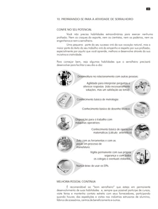10. PREPARANDO-SE PARA A ATIVIDADE DE SERRALHEIRO
CONFIE NO SEU POTENCIAL
MELHORIA PESSOAL CONTÍNUA
Desenvoltura no relacionamento com outras pessoas;
Agilidade para interpretar perguntas e
oferecer respostas (não necessariamente
soluções, mas um satisfação ao tema);
Conhecimento básico de desenho técnico;
Conhecimento básico de operações
matemáticas (cálculo aritimético);
Disposição para o trabalho com
máquinas operatrizes;
Zelo com as ferramentas e com as
peças em processo de
manufatura;
Vigília permanente com sua própria
segurança e com todos
os colegas e eventuais visitantes.
Nunca deixe de usar os EPIs.
Conhecimento básico de metrologia;
09
 