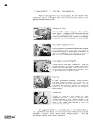 15. CONHECENDO OS PRINCIPAIS EQUIPAMENTOS
Abaixo estão as principais máquinas operatrizes de uma serralheria. Não
estão todas, apenas as principais. Pode ser que você nem precise destas, ou até
precise além destas muitas outras.
Máquina de Corte
O nome certo é Serra de Disco, mas o popular é Máquina de Corte
ou até “Policorte”. O corte é processado por um disco espécial de
vídea. Existem muitos modelos e marcas, combinados com vários
sistemas de corte. As melhores são as automáticos de cabeça dupla,
com sistema de corte com avanço frontal do disco (ainda são raras).
Fresa de Topo ou Entestadeira
Com praticamente todas os equipamentos, existem várias versões. As
mais sofisticadas são as que possuem cabeça dupla (duas fresas
trabalham paralelamente em diferentes graus). A Entestadeira é um
equipamento usado para fazer entalhes ou desabes nos extremos dos
perfis. Úteis para dar acabamento nos encaixes das esquadrias.
Fresa Copiadora ou Pantógrafo
Também conhecida como “Topia”. O Pantógrafo é usado para
produzir furos oblongos ou alongados, como por exemplo abrir os
rasgos de fecho conhca e fechaduras. O sistema consiste em se criar
um gabarito e através deste o equipamento permite copiar a mesma
usinagem (tamanho e forma) no perfil da esquadria.
Estampo
O Estampo é uma ferramenta de usinagem. Existem as manuais e as
pneumáticas. Os pneumáticos podem oferecer mais funções e até
produzir usinagens de mais de uma Linha ou Sistema. Trata-se de
uma máquina onde o serralheiro encaixa o perfil nas diferentes
posições de operação e a usinagem é feita através de um conjunto de
punções cortantes.
Curvadeira
Utilizadas para moldar perfis para esquadrias que exigem
configuração arredondada. A Curvadeira possui três carretéis
dispostas em triângulo por onde o perfil é submetido. A cada
passada do perfil o carretel do meio é apertado e o perfil vai tomando
forma em curva. Existem vários tamanhos de carretéis que
normalmente são feitos de nylon.
Os equipamentos acima, são aqueles que não são comuns ao nosso dia-a-
dia. Obviamente além destas, são necessárias muitas outras máquinas, como:
Refiladeira, Furadeira Radial, Parafusadeiras, Arrebitadadeiras, além das
ferramentas normais de uma oficina (serralheria).
12
 