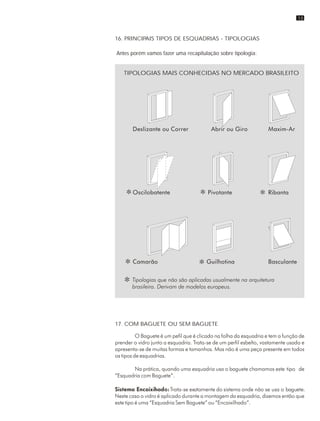 16. PRINCIPAIS TIPOS DE ESQUADRIAS - TIPOLOGIAS
Antes porém vamos fazer uma recapitulação sobre tipologia:
TIPOLOGIAS MAIS CONHECIDAS NO MERCADO BRASILEITO
17. COM BAGUETE OU SEM BAGUETE
13
 