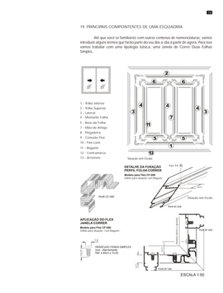 19. PRINCIPAIS COMPONTENTES DE UMA ESQUADRIA
Até que você se familiarize com outras centenas de nomenclaturas, vamos
introduzir alguns termos que farão parte do seu dia-a-dia à partir de agora. Para isso
vamos trabalar com uma tipologia básica, uma Janela de Correr Duas Folhas
Simples.
4 - Montante Folha
5 - Base da Folha
1 - Trilho Inferior
2 - Trilho Superior
3 - Lateral
7 - Mão-de-Amigo
8 - Pingadeira
9 - Conexão Flex
10 - Flex Lock
11 - Baguete
12 - Contramarco
13 - Arremate
APLICAÇÃO DO FLEX
JANELA CORRER
Válido para situação “com Baguete”
Modelo para Flex CF-050
PARAFUSO FENDA SIMPLES
Inox - Atarrachante
Ref. 4,8mm x 12,00
12,27
7,8
27,0
Perfil AF-026
Perfil AF-026
14,7
Parafusointernoéopcional
2
6 6
5 5
1
4
3 3
4
7
4
11
13
Situação sem Escala
26,0
Furo 5,0
Perfil AF-026
Situação sem Escala
DETALHE DA FURAÇÃO
PERFIL FOLHA CORRER
Válido para situação com Baguete
Modelo para Flex CF-050
ESCALA 1:50
Perfil CF-050
15
 