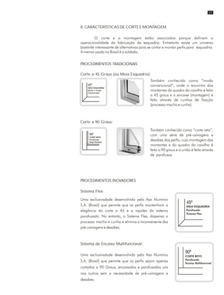 8. CARACTERÍSTICAS DE CORTE E MONTAGEM
PROCEDIMENTOS TRADICIONAIS
Corte a 45 Graus (ou Meia Esquadria):
Corte a 90 Graus:
PROCEDIMENTOS INOVADORES
Sistema Flex:
Sistema de Encaixe Multifuncional:
07
 