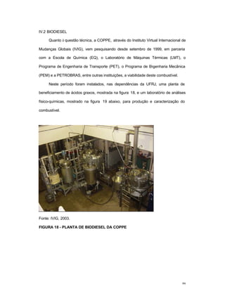 99
IV.2 BIODIESEL
Quanto à questão técnica, a COPPE, através do Instituto Virtual Internacional de
Mudanças Globais (IVIG), vem pesquisando desde setembro de 1999, em parceria
com a Escola de Química (EQ), o Laboratório de Máquinas Térmicas (LMT), o
Programa de Engenharia de Transporte (PET), o Programa de Engenharia Mecânica
(PEM) e a PETROBRAS, entre outras instituições, a viabilidade deste combustível.
Neste período foram instalados, nas dependências da UFRJ, uma planta de
beneficiamento de ácidos graxos, mostrada na figura 18, e um laboratório de análises
físico-químicas, mostrado na figura 19 abaixo, para produção e caracterização do
combustível.
Fonte: IVIG, 2003.
FIGURA 18 - PLANTA DE BIODIESEL DA COPPE
 