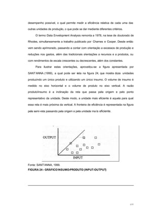 127
desempenho possível, o qual permite medir a eficiência relativa de cada uma das
outras unidades de produção, o que pode se dar mediante diferentes critérios.
O termo Data Envelopment Analysis remonta a 1978, na tese de doutorado de
Rhodes, simultaneamente a trabalho publicado por Charnes e Cooper. Desde então
vem sendo aprimorado, passando a contar com orientação a excessos de produção e
reduções nos gastos, além das tradicionais orientações a recursos e a produtos, ou
com rendimentos de escala crescentes ou decrescentes, além dos constantes.
Para ilustrar estas orientações, aproveitou-se a figura apresentada por
SANT’ANNA (1999), a qual pode ser vista na figura 24, que mostra doze unidades
produzindo um único produto e utilizando um único insumo. O volume de insumo é
medido no eixo horizontal e o volume de produto no eixo vertical. A razão
produto/insumo é a inclinação da reta que passa pela origem e pelo ponto
representativo da unidade. Deste modo, a unidade mais eficiente é aquela para qual
essa reta é mais próxima da vertical. A fronteira de eficiência é representada na figura
pela semi-reta passando pela origem e pela unidade ma is eficiente.
Fonte: SANT’ANNA, 1999.
FIGURA 24- GRÁFICOINSUMO-PRODUTO (INPUT-OUTPUT)
 