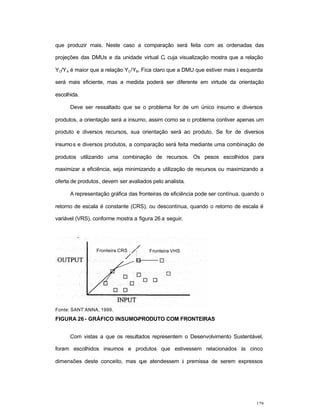 129
que produzir mais. Neste caso a comparação será feita com as ordenadas das
projeções das DMUs e da unidade virtual C, cuja visualização mostra que a relação
YC/YA é maior que a relação YC/YB. Fica claro que a DMU que estiver mais à esquerda
será mais eficiente, mas a medida poderá ser diferente em virtude da orientação
escolhida.
Deve ser ressaltado que se o problema for de um único insumo e diversos
produtos, a orientação será a insumo, assim como se o problema contiver apenas um
produto e diversos recursos, sua orientação será ao produto. Se for de diversos
insumos e diversos produtos, a comparação será feita mediante uma combinação de
produtos utilizando uma combinação de recursos. Os pesos escolhidos para
maximizar a eficiência, seja minimizando a utilização de recursos ou maximizando a
oferta de produtos, devem ser avaliados pelo analista.
A representação gráfica das fronteiras de eficiência pode ser contínua, quando o
retorno de escala é constante (CRS), ou descontínua, quando o retorno de escala é
variável (VRS), conforme mostra a figura 26 a seguir.
Fonte: SANT’ANNA, 1999.
FIGURA 26- GRÁFICO INSUMO-PRODUTO COM FRONTEIRAS
Com vistas a que os resultados representem o Desenvolvimento Sustentável,
foram escolhidos insumos e produtos que estivessem relacionados às cinco
dimensões deste conceito, mas que atendessem à premissa de serem expressos
Fronteira VHSFronteira CRS
 