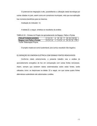 172
O potencial de integração é alto, possibilitando a utilização desta tecnologia por
outras cidades no país, assim como em consórcios municipais, visto que sua aplicação
traz inúmeros benefícios para os mesmos.
Avaliação do indicador: +2.
A tabela 22, a seguir, sintetiza os resultados da analise:
TABELA 22 – Síntese do Projeto de aproveitamento de Bagaço, Palha e Pontas
PROJETO/INDICADORES 1 2 3 4 5 6 7 8 9 10 ∑
Bagaço com Palha e Pontas 3 3 -2 -1 -2 3 2 0 2 2 10
Fonte: Elaboração Própria
O projeto mostra-se como sustentável, pois somou resultado não-negativo.
D) GERAÇÃO DE ENERGIA ELÉTRICA COM DEMAIS FONTES RENOVÁVEIS
Conforme citado anteriormente, o presente trabalho visa a análise do
aproveitamento energético de lixo em comparação com outras fontes renováveis.
Assim, sempre que existirem dados sistematizados sobre estas fontes, serão
utilizados, como os disponíveis na tabela 23 a seguir, em que outras quatro fontes
alternativas sustentáveis são adicionadas à análise.
 