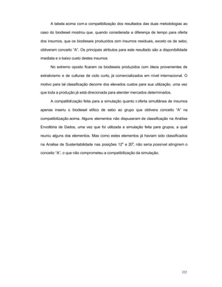 222
A tabela acima com a compatibilização dos resultados das duas metodologias ao
caso do biodiesel mostrou que, quando considerada a diferença de tempo para oferta
dos insumos, que os biodieseis produzidos com insumos residuais, exceto os de sebo,
obtiveram conceito “A”. Os principais atributos para este resultado são a disponibilidade
imediata e o baixo custo destes insumos
No extremo oposto ficaram os biodieseis produzidos com óleos provenientes de
extrativismo e de culturas de ciclo curto, já comercializados em nível internacional. O
motivo para tal classificação decorre dos elevados custos para sua utilização, uma vez
que toda a produção já está direcionada para atender mercados determinados.
A compatibilização feita para a simulação quanto à oferta simultânea de insumos
apenas inseriu o biodiesel etílico de sebo ao grupo que obtivera conceito “A” na
compatibilização acima. Alguns elementos não dispuseram de classificação na Análise
Envoltória de Dados, uma vez que foi utilizada a simulação feita para grupos, a qual
reuniu alguns dos elementos. Mas como estes elementos já haviam sido classificados
na Analise de Sustentabilidade nas posições 12
a
e 20
a
, não seria possível atingirem o
conceito “A”, o que não comprometeu a compatibilização da simulação.
 