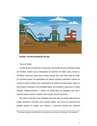 26
FIGURA 3 DE RECUPERAÇÃO DE GDL
Tubos de Coleta:
A coleta de gás normalmente começa após uma porção do aterro (chamada célula)
ser fechada. Existem duas configurações de sistemas de coleta: poços verticais e
trincheiras horizontais, sendo que os poços verticais são o tipo mais usado de coleta.
As trincheiras podem ser apropriadas para aterros sanitários profundos e podem ser
usadas em áreas de aterro ativo. Independente do sistema de coleta usado, cada uma
das pontas é conectada a uma tubulação lateral, que transporta o gás para um coletor
principal. Preferencialmente, o sistema de coleta deve ser planejado para que o
operador possa monitorar e ajustar o fluxo de gás, quando necessário.
Nos aterros onde não houve instalação prévia dos tubos de coleta existe perda de
biogás, fenômeno conhecido como emissão fugitiva. Isto ocorre em decorrência da
pressão positiva do biogás, que propicia o vazamento através dos caminhos
16
Esta tese apresenta uma alternativa inovadora já comentada na introdução. Vide pagina 21.
 