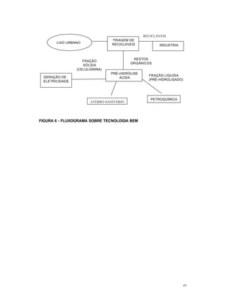 45
FIGURA 6 - FLUXOGRAMA SOBRE TECNOLOGIA BEM
PRÉ-HIDRÓLISE
ÁCIDA
LIXO URBANO
TRIAGEM DE
RECICLÁVEIS INDUSTRIA
RECICLÁVEIS
RESTOS
ORGÂNICOS
FRAÇÃO
SÓLIDA
(CELULIGNINA)
FRAÇÃO LÍQUIDA
(PRÉ-HIDROLISADO)
GERAÇÃO DE
ELETRICIDADE
PETROQUÍMICA
ATERRO SANITÁRIO
 