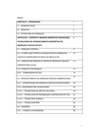 vii
INDICE:
CAPITULO I – INTRODUÇÃO 1
I.1 – APRESENTAÇÃO 1
I.2 – OBJETIVO 3
I.3 – ESTRUTURA DO TRABALHO 7
CAPÍTULO II – CONTEXTO: QUADRO ENERGÉTICO BRASILEIRO,
TECNOLOGIAS DE APROVEITAMENTO ENERGÉTICO DE
RESÍDUOS E EFEITO ESTUFA
9
II.1 - GERAÇÃO ELÉTRICA 9
II.2 – O PAPEL DAS FONTES ALTERNATIVAS DE ENERGIA NO
CONTEXTO BRASILEIRO DO INÍCIO DO SÉCULO XXI
12
II.3 – GERAÇÃO DE ENERGIA A PARTIR DE RESÍDUOS SÓLIDOS
URBANOS (RSU) (LIXO)
14
II.3.1 CONCEITO DE RESÍDUO 15
II.3.2 – COMPOSIÇÃO DO LIXO 16
II.4 - APROVEITAMENTO DE RESÍDUOS SÓLIDOS URBANOS (RSU)
17
II.4.1 - CONSERVAÇÃO DE ENERGIA ATRAVÉS DA RECICLAGEM 20
II.4.2 - DESCRIÇÃO DAS TECNOLOGIAS 24
II.4.2.1 – TECNOLOGIA DE GÁS DE LIXO (GDL) 25
II.4.2.2 – TECNOLOGIA DE INCINERAÇÀO CONTROLADA DE LIXO 32
II.4.2.3 – TECNOLOGIA DRANCO 36
II.4.2.1 – TECNOLOGIA BEM 40
II.5 – BIODIESEL 46
II.5.1 – CONCEITO DE BIODIESEL 46
 