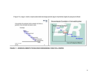 84
A figura 18, a seguir, mostra a repercussão desta tecnologia perante alguns importantes órgãos de pesquisa do Brasil.
FIGURA 11 - DESENVOLVIMENTO TECNOLÓGICO EM BIODIESEL PARA FGV e CENPES
 