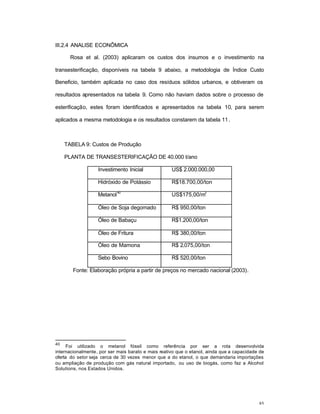85
III.2.4 ANALISE ECONÔMICA
Rosa et al. (2003) aplicaram os custos dos insumos e o investimento na
transesterificação, disponíveis na tabela 9 abaixo, a metodologia de Índice Custo
Beneficio, também aplicada no caso dos resíduos sólidos urbanos, e obtiveram os
resultados apresentados na tabela 9. Como não haviam dados sobre o processo de
esterificação, estes foram identificados e apresentados na tabela 10, para serem
aplicados a mesma metodologia e os resultados constarem da tabela 11.
TABELA 9: Custos de Produção
PLANTA DE TRANSESTERIFICAÇÃO DE 40.000 t/ano
Investimento Inicial US$ 2.000.000,00
Hidróxido de Potássio R$18.700,00/ton
Metanol
40
US$175,00/m
3
Óleo de Soja degomado R$ 950,00/ton
Óleo de Babaçu R$1.200,00/ton
Óleo de Fritura R$ 380,00/ton
Óleo de Mamona R$ 2.075,00/ton
Sebo Bovino R$ 520,00/ton
Fonte: Elaboração própria a partir de preços no mercado nacional (2003).
40
Foi utilizado o metanol fóssil como referência por ser a rota desenvolvida
internacionalmente, por ser mais barato e mais reativo que o etanol, ainda que a capacidade de
oferta do setor seja cerca de 30 vezes menor que a do etanol, o que demandaria importações
ou ampliação de produção com gás natural importado, ou uso de biogás, como faz a Alcohol
Solutions, nos Estados Unidos.
 