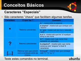 Conceitos Básicos
Caracteres ”Especiais”
 São caracteres ”chave” que facilitam algumas tarefas.
Teste estes comandos no terminal.
Caractere O que faz ? Exemplo
* Retorna coincientes.
ls * - mostra todos os arquivos
ls arquivo* - mostra tudo que começar com
”arquivo”
ls *.java - mostra tudo que tiver a extensão
”.java”
ls a*.c - mostra tudo que tive ”a”+qualquer
string no seu nome
? Retorna coincidentes
ls ? - mostra tudo cujo nome tiver
somente um caractere.
ls arquivo? - mostra tudo cujo nome
come;ca com ”arquivo” e tiver 8
caracteres
[...]
Retorna tudo que coinciir
com o conteúdo entre as
chaves.
ls [x,y,z]* - mostra tudo que começar
com ”x”, ”y” ou ”z”
 
