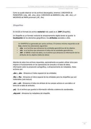 TUTORIAL BÁSICO PARA LA ELABORACIÓN DE MAPAS UTILIZANDO ArcGIS
Cartoteca Rafael Mas - UAM
11
Como se puede observar en los archivos descargados, tenemos 3 ARCHIVOS de
MUNICIPIOS (.shp, .dbf, .shx), otros 3 ARCHIVOS de BARRIOS (.shp, .dbf, .shx), y 2
ARCHIVOS de MAPA provincial (.tiff, .tfw)
Shapefiles
En ArcGIS el formato de archivo vectorial más usado es el .SHP (Shapefile).
Un Shapefile es un formato vectorial de almacenamiento digital donde se guarda la
localización de los elementos geográficos y los atributos asociados a ellos.
Además de estos tres archivos requeridos, opcionalmente se pueden utilizar otros para
mejorar el funcionamiento en las operaciones de consulta a la base de datos,
información sobre la proyección cartográfica, o almacenamiento de metadatos. Estos
archivos son:
.sbn y .sbx - Almacena el índice espacial de las entidades
.fbn y .fbx - Almacena el índice espacial de las entidades para los shapefiles que son
inalterables (solo lectura)
.ain y .aih - Almacena el índice de atributo de los campos activos en una tabla o el
tema de la tabla de atributos.
.prj - Es el archivo que guarda la información referida a sistema de coordenadas.
.shp.xml - Almacena los metadatos del shapefile.
Un SHAPEFILE es generado por varios archivos. El número mínimo requerido es de
tres y tienen las extensiones siguientes:
• .shp - es el archivo que almacena las entidades geométricas de los objetos.
• .shx - es el archivo que almacena el índice de las entidades geométricas.
• .dbf - el dBASE o base de datos, es el archivo que almacena la información de los
atributos de los objetos (tabla de datos)
 