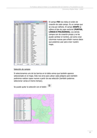 TUTORIAL BÁSICO PARA LA ELABORACIÓN DE MAPAS UTILIZANDO ArcGIS
Cartoteca Rafael Mas - UAM
24
El campo FID nos indica el orden de
creación de cada campo. Es un campo que
se crea por defecto. El campo SHAPE se
refiere al tipo de capa vectorial (PUNTOS,
LÍNEAS O POLÍGONOS). Los demás
campos son de creación propia y se les
puede cambiar el nombre, así como crear
columnas nuevas para añadir nuevos datos
que podamos usar para crear nuestro
mapa.
Selección de campos
Si seleccionamos uno de los barrios en la tabla vemos que también aparece
seleccionado en el mapa. Esto nos sirve para ubicar cada polígono pero también
podremos realizar capas nuevas a partir de esa selección (también podemos
seleccionar varias al mismo tiempo).
Se puede quitar la selección con el botón
 