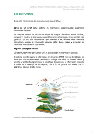 TUTORIAL BÁSICO PARA LA ELABORACIÓN DE MAPAS UTILIZANDO ArcGIS
Cartoteca Rafael Mas - UAM
3
Los SIG y ArcGIS
Los SIG (Sistemas de Información Geográfica)
¿Qué es un SIG? (SIG: Sistema de Información Geográfica/GIS: Geographic
Information System)
Es cualquier sistema de información capaz de integrar, almacenar, editar, analizar,
compartir y mostrar la información geográficamente referenciada. En un sentido más
genérico, los SIG son herramientas que permiten a los usuarios crear consultas
interactivas, analizar la información espacial, editar datos, mapas y presentar los
resultados de todas estas operaciones.
Algunos conceptos básicos
La razón fundamental para utilizar un SIG es la gestión de información espacial.
El sistema permite separar la información en diferentes CAPAS (Layers) temáticas y las
almacena independientemente, permitiendo trabajar con ellas de manera rápida y
sencilla, y facilitando al profesional la posibilidad de relacionar la información existente
a través de la topología de los objetos, con el fin de generar otra nueva que no
podríamos obtener de otra forma.
Ilustración 1. Fuente: http://www.aulati.net/?tag=bases-de-datos-geograficas
 