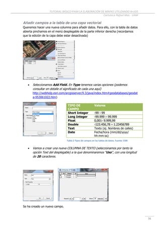 TUTORIAL BÁSICO PARA LA ELABORACIÓN DE MAPAS UTILIZANDO ArcGIS
Cartoteca Rafael Mas - UAM
36
Añadir campos a la tabla de una capa vectorial
Queremos hacer una nueva columna para añadir datos. Para ello, con la tabla de datos
abierta pinchamos en el menú desplegable de la parte inferior derecha (recordamos
que la edición de la capa debe estar desactivada)
 Seleccionamos Add Field. En Type tenemos varias opciones (podemos
consultar en detalle el significado de cada una aquí)
http://webhelp.esri.com/arcgisserver/9.3/java/index.htm#geodatabases/geodat
a-953061022.htm)
 Vamos a crear una nueva COLUMNA DE TEXTO (seleccionamos por tanto la
opción Text del desplegable) a la que denominaremos “Uso”, con una longitud
de 20 caracteres.
Se ha creado un nuevo campo.
TIPO DE
CAMPO
Valores
Short Integer -99 - 99
Long Integer -99.999 – 99.999
Float 0,001- 9.999,99
Double -123.456,78 – 1.23456789
Text Texto (ej. Nombres de calles)
Date Fecha/hora (mm/dd/yyyy/
hh:mm:ss)
Tabla 2 Tipos de campos en las tablas de datos. Fuente: ESRI
 