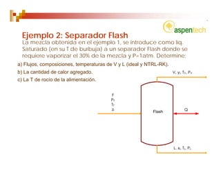 Ejemplo 2: Separador Flash
  La mezcla obtenida en el ejemplo 1, se introduce como líq.
  Saturado (en su T de burbuja) a un separador Flash donde se
  requiere vaporizar el 30% de la mezcla y P=1atm. Determine:
a) Flujos, composiciones, temperaturas de V y L (ideal y NTRL-RK).
b) La cantidad de calor agregado.
c) La T de rocío de la alimentación.
 