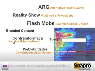 ARG Alternative Reality Game
    Reality Show Vigilância x Privacidade
                Flash Mobs TAZ/Intervenção Urbana
B...