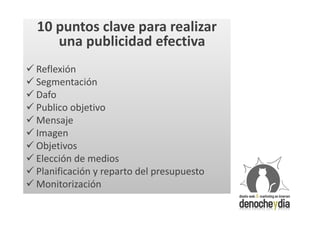 10 puntos clave para realizar
     una publicidad efectiva
 Reflexión
 Segmentación
 Dafo
 Publico objetivo
 Mensaje
 Imagen
 Objetivos
 Elección de medios
 Planificación y reparto del presupuesto
 Monitorización
 