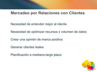 Mercadeo por Relaciones con Clientes Necesidad de entender mejor al cliente Necesidad de optimizar recursos x volumen de datos Crear una opinión de marca positiva Generar clientes leales Planificación a mediano-largo plazo 