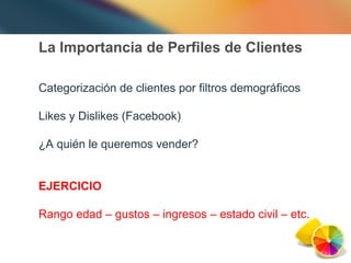 La Importancia de Perfiles de Clientes Categorización de clientes por filtros demográficos Likes y Dislikes (Facebook) ¿A quién le queremos vender? EJERCICIO Rango edad – gustos – ingresos – estado civil – etc.  