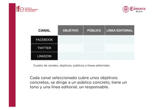 Cada canal seleccionado cubre unos objetivos
concretos, se dirige a un público concreto, tiene un
tono y una línea editori...