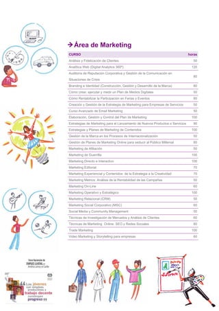 12
Área de Marketing
CURSO horas
Análisis y Fidelización de Clientes 50
Analítica Web (Digital Analytics 360º) 120
Auditoría de Reputación Corporativa y Gestión de la Comunicación en
Situaciones de Crisis
80
Branding e Identidad (Construcción, Gestión y Desarrollo de la Marca) 80
Cómo crear, ejecutar y medir un Plan de Medios Digitales 50
Cómo Rentabilizar la Participación en Ferias y Eventos 80
Creación y Gestión de la Estrategia de Marketing para Empresas de Servicios 50
Curso Avanzado de Email Marketing 50
Elaboración, Gestión y Control del Plan de Marketing 100
Estrategias de Marketing para el Lanzamiento de Nuevos Productos o Servicios 90
Estrategias y Planes de Marketing de Contenidos 100
Gestión de la Marca en los Procesos de Internacionalización 50
Gestión de Planes de Marketing Online para seducir al Público Millenial 80
Marketing de Afiliación 50
Marketing de Guerrilla 100
Marketing Directo e Interactivo 100
Marketing Editorial 70
Marketing Experiencial y Contenidos: de la Estrategia a la Creatividad 70
Marketing Metrics: Análisis de la Rentabilidad de las Campañas 50
Marketing On-Line 60
Marketing Operativo y Estratégico 100
Marketing Relacional (CRM) 50
Marketing Social Corporativo (MSC) 60
Social Media y Community Management 50
Técnicas de Investigación de Mercados y Análisis de Clientes 60
Técnicas de Marketing Online: SEO y Redes Sociales 80
Trade Marketing 100
Video Marketing y Storytelling para empresas 60
 