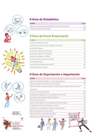 7
Área de Estadística
CURSO horas
Aplicación Práctica del Crystal Ball para la toma de decisiones 120
Control Estadístico de Procesos 140
Área de Excel Empresarial
CURSO horas
Cuadros de Mando en Excel 80
Curso Práctico de Excel para la Gestión Comercial 80
Excel para Finanzas 60
Excel para la Gestión de Compras 80
Excel para la Gestión de Proyectos 100
Excel para la Gestión de RRHH 80
Excel para las Previsiones de Ventas 80
Herramientas Solver 60
PowerPivot para Microsoft Excel 2013 100
Tablas Dinámicas en Excel 80
Área de Exportación e Importación
CURSO horas
Aplicación del Método CAGE en la Internacionalización 60
Cálculo y Fijación de los Precios de Exportación 60
Cómo Encontrar y Gestionar Agentes y Distribuidores (y otros Partners) para la
Exportación
80
El IVA en el Comercio Exterior 100
Estrategias de Negociación y Contratación Internacional 120
Exportación para Empresas No Exportadoras 80
Fiscalidad Internacional 100
Gestión Administrativa y Documental del Comercio Exterior 90
La Gestión de Ferias para Exportar con Éxito 80
La Prevención del Riesgo de Impago en la Exportación 60
Marketing Digital para la Exportación 140
Medios de Cobro y Pago Internacionales 60
Transporte y Logística Internacional 80
 