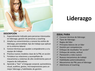 DESCRIPCIÓN
1. Especialmente indicado para personas	interesadas
en	liderazgo,	gestión de	personas	y	coaching
2. Amplía tus conocimientos y	conoce los	estilos de	
liderazgo,	personalidad,	tipo de	trabajo que aplican
en	tu entorno laboral
3. Conoce técnicas que ayudan a	empoderarte y	a	tu
equipo de	trabajo
4. Practica nuevos modelos clave	de	la	PNL	en	acción
5. Fortalece tus relaciones y	acompáñate de	
mecanismos y	sistemas de	alto	rendimiento para el	
impacto de	indicadores
6. Aprende a	“leer”	el	lenguaje corporal,	quinestésico,	
visual,	auditivo,	gestos,	microexpresiones para un	
mejor liderazgo y	habilidades de	gestión.
Liderazgo
IDEAL PARA
ü Conocer	técnicas	de	liderazgo
ü Tipos	de	liderazgo
ü Reglas	del	líder
ü Principios	básicos	de	un	líder
ü Gestión	por	competencias
ü Enfoque	de	resultados	“en	acción”
ü Enfoque	de	ventas,	actitud
ü Planeación	y	roles	nuevos
ü Nuevos	mecanismos	de	trabajo
ü Habilidades	potencializadoras
ü Mecanismos	de	PNL	para	el	liderazgo
ü Adentrarse	al	Coaching
 