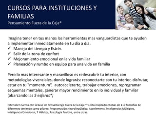 CURSOS	PARA	INSTITUCIONES	Y	
FAMILIAS
Pensamiento	Fuera	de	la	Caja®
Imagina tener en	tus manos las herramientas mas	vanguardistas que te ayuden
a	implementar inmediatamente en	tu día a	día:
ü Manejo del	tiempo y	Estrés
ü Salir de	la	zona de	confort
ü Mejoramiento emocional en	la	vida familiar
ü Planeación y	rumbo en	equipo para una vida en	familia
Pero lo	mas	interesante y	maravilloso es redescubrir tu interior,	con	
metodologías vivenciales,	donde lograrás:	reconectarte con	tu interior,	disfrutar,	
estar en	tu "momentum”,		autoacelerarte,	trabajar emociones,	reprogramar
esquemas mentales,	generar mayor	rendimiento en	lo	individual	y	familiar	
(abarcando las 5	esferas*)
Este	taller	cuenta con	la	base	de	Pensamiengo Fuera de	la	Caja ®	y	está inspirado en	mas	de	110	filosofías de	
diferentes teniendo como pilares:	Programación Neurolingüística,	Accelements,	Inteligencias Múltiples,	
Inteligencia Emocional,	7	Hábitos,	Psicología Positiva,	entre	otras.
 