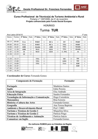 Escola Profissional Dr. Francisco Fernandes 
Os melhores RUMOS para os Cidadãos da Região 
REGIÃO AUTÓNOMA DA MADEIRA 
UNIÃO EUROPEIA 
FSE 
REPÚBLICA PORTUGUESA 
Curso Profissional de Técnico(a) de Turismo Ambiental e Rural 
Portaria n.º 1287/2006, de 21 de novembro 
Projeto cofinanciado pelo Fundo Social Europeu 
HORÁRIO 
Turma TUR Ano Letivo 2014/15 1º ano 
Início 
Termo 
2ª feira 
Sala 
3ª feira 
Sala 
4ª feira 
Sala 
5ª feira 
Sala 
6ª feira 
Sala 
08:15 
09:00 
TAA 
2.2 
PORT 
2.2 
HCA 
2.2 
DT 
2.2 
PORT 
2.2 
09:00 
09:45 
TAA 
2.2 
PORT 
2.2 
HCA 
2.2 
TTG 
2.2 
PORT 
2.2 
10:00 
10:45 
ADR 
2.2 
Alemão 
2.2 
ADR 
2.2 
TTG 
2.2 
Alemão 
2.2 
10:45 
11:30 
ADR 
2.2 
MAT 
2.2 
GEO 
2.2 
TTG 
2.2 
Alemão 
2.2 
11:45 
12:30 
AI 
2.2 
MAT 
2.2 
GEO 
2.2 
C. ING 
2.2 
AI 
2.2 
12:30 
13:15 
AI 
2.2 
13:30 
14:15 
TTG 
2.2 
TIC 
2.6 
TIC 
2.6 
14:15 
15:00 
TTG 
2.2 
GEO 
2.2 
TIC 
2.6 
15:15 
16:00 
TTG 
2.2 
TAA 
2.2 
EDF 
C 
16:00 
16:45 
EDF 
C 
17:00 
17:45 
17:45 
18:30 
Coordenador de Curso: Fernanda Gomes 
Componente de Formação 
Formador 
Português 
Madalena Santos 
Inglês 
Edite Pereira 
Área de Integração 
Elsa Andrade 
Educação Física 
Sandra Fernandes 
Tecnologias de Informação e Comunicação 
Hugo Corredeira 
Matemática 
Rita Ferreira 
História e Cultura das Artes 
Fernanda Gomes 
Geografia 
Ana Teresa Baptista 
Ambiente e Desenvolvimento Rural 
Prof. 2 BIO 
Turismo e Técnicas de Gestão 1 
Miquelina Silva 
Turismo e Técnicas de Gestão 2 
Patrícia Pingo 
Técnicas de Acolhimento e Animação 
Patrícia Inácio 
Comunicar em Inglês 
Fernanda Gomes  