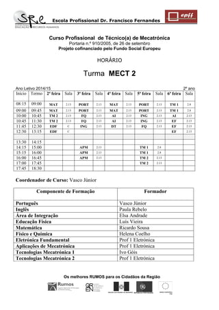 Escola Profissional Dr. Francisco Fernandes 
Os melhores RUMOS para os Cidadãos da Região 
REGIÃO AUTÓNOMA DA MADEIRA 
UNIÃO EUROPEIA 
FSE 
REPÚBLICA PORTUGUESA 
Curso Profissional de Técnico(a) de Mecatrónica 
Portaria n.º 910/2005, de 26 de setembro 
Projeto cofinanciado pelo Fundo Social Europeu 
HORÁRIO 
Turma MECT 2 Ano Letivo 2014/15 2º ano 
Início 
Termo 
2ª feira 
Sala 
3ª feira 
Sala 
4ª feira 
Sala 
5ª feira 
Sala 
6ª feira 
Sala 
08:15 
09:00 
MAT 
2.13 
PORT 
2.13 
MAT 
2.13 
PORT 
2.13 
TM 1 
2.8 
09:00 
09:45 
MAT 
2.13 
PORT 
2.13 
MAT 
2.13 
PORT 
2.13 
TM 1 
2.8 
10:00 
10:45 
TM 2 
2.13 
FQ 
2.13 
AI 
2.13 
ING 
2.13 
AI 
2.13 
10:45 
11:30 
TM 2 
2.13 
FQ 
2.13 
AI 
2.13 
ING 
2.13 
EF 
2.13 
11:45 
12:30 
EDF 
C 
ING 
2.13 
DT 
2.13 
FQ 
2.13 
EF 
2.13 
12:30 
13:15 
EDF 
C 
EF 
2.13 
13:30 
14:15 
14:15 
15:00 
APM 
2.13 
TM 1 
2.8 
15:15 
16:00 
APM 
2.13 
TM 1 
2.8 
16:00 
16:45 
APM 
2.13 
TM 2 
2.13 
17:00 
17:45 
TM 2 
2.13 
17:45 
18:30 
Coordenador de Curso: Vasco Júnior 
Componente de Formação 
Formador 
Português 
Vasco Júnior 
Inglês 
Paula Rebelo 
Área de Integração 
Elsa Andrade 
Educação Física 
Luís Vieira 
Matemática 
Ricardo Sousa 
Físico e Química 
Helena Coelho 
Eletrónica Fundamental 
Prof 1 Eletrónica 
Aplicações de Mecatrónica 
Prof 1 Eletrónica 
Tecnologias Mecatrónica 1 
Ivo Góis 
Tecnologias Mecatrónica 2 
Prof 1 Eletrónica  