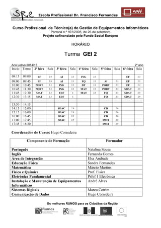 Escola Profissional Dr. Francisco Fernandes 
Os melhores RUMOS para os Cidadãos da Região 
REGIÃO AUTÓNOMA DA MADEIRA 
UNIÃO EUROPEIA 
FSE 
REPÚBLICA PORTUGUESA 
Curso Profissional de Técnico(a) de Gestão de Equipamentos Informáticos 
Portaria n.º 897/2005, de 26 de setembro 
Projeto cofinanciado pelo Fundo Social Europeu 
HORÁRIO 
Turma GEI 2 Ano Letivo 2014/15 2º ano 
Início 
Termo 
2ª feira 
Sala 
3ª feira 
Sala 
4ª feira 
Sala 
5ª feira 
Sala 
6ª feira 
Sala 
08:15 
09:00 
EF 
2.9 
AI 
2.3 
ING 
2.3 
EF 
2.3 
09:00 
09:45 
EF 
2.9 
AI 
2.3 
FQ 
2.3 
AI 
2.3 
EF 
2.3 
10:00 
10:45 
PORT 
2.3 
ING 
2.3 
DT 
2.3 
PORT 
2.3 
EF 
2.3 
10:45 
11:30 
PORT 
2.3 
ING 
2.3 
MAT 
2.3 
PORT 
2.3 
SDAC 
2.9 
11:45 
12:30 
MAT 
2.3 
EDF 
C 
MAT 
2.3 
FQ 
2.3 
SDAC 
2.9 
12:30 
13:15 
MAT 
2.3 
EDF 
C 
FQ 
2.3 
SDAC 
2.9 
13:30 
14:15 
14:15 
15:00 
SDAC 
2.9 
CD 
2.6 
15:15 
16:00 
SDAC 
2.9 
CD 
2.6 
16:00 
16:45 
SDAC 
2.9 
CD 
2.6 
17:00 
17:45 
SDAC 
2.9 
IMEI 
2.8 
17:45 
18:30 
IMEI 
2.8 
Coordenador de Curso: Hugo Corredeira 
Componente de Formação 
Formador 
Português 
Natalina Sousa 
Inglês 
Fernanda Gomes 
Área de Integração 
Elsa Andrade 
Educação Física 
Sandra Fernandes 
Matemática 
Márcio Martins 
Físico e Química 
Prof. Física 
Eletrónica Fundamental 
Prfof 1 Eletrónica 
Instalação e Manutenção de Equipamentos Informáticos 
André Alves 
Sistemas Digitais 
Marco Cotrim 
Comunicação de Dados 
Hugo Corredeira  