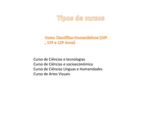                  Tipos de cursosCurso Científico-Humanísticos (10º , 11º e 12º Anos)Curso de Ciências e tecnologias  Curso de Ciências e socioeconómicaCurso de Ciências Línguas e HumanidadesCurso de Artes Visuais
