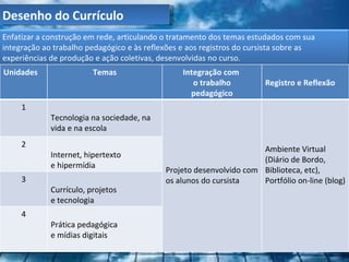 Desenho do Currículo
Enfatizar a construção em rede, articulando o tratamento dos temas estudados com sua
integração ao trabalho pedagógico e às reflexões e aos registros do cursista sobre as
experiências de produção e ação coletivas, desenvolvidas no curso.
Unidades                 Temas                   Integração com
                                                    o trabalho         Registro e Reflexão
                                                   pedagógico
     1
             Tecnologia na sociedade, na
             vida e na escola
     2
                                                                     Ambiente Virtual
             Internet, hipertexto
                                                                     (Diário de Bordo,
             e hipermídia
                                            Projeto desenvolvido com Biblioteca, etc),
     3                                      os alunos do cursista    Portfólio on-line (blog)
             Currículo, projetos
             e tecnologia
     4
             Prática pedagógica
             e mídias digitais
 