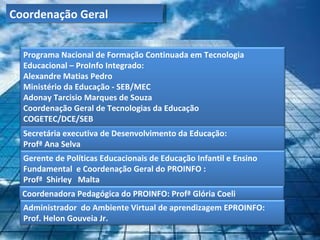 Coordenação Geral


  Programa Nacional de Formação Continuada em Tecnologia
  Educacional – ProInfo Integrado:
  Alexandre Matias Pedro
  Ministério da Educação - SEB/MEC
  Adonay Tarcisio Marques de Souza
  Coordenação Geral de Tecnologias da Educação
  COGETEC/DCE/SEB
  Secretária executiva de Desenvolvimento da Educação:
  Profª Ana Selva
  Gerente de Políticas Educacionais de Educação Infantil e Ensino
  Fundamental e Coordenação Geral do PROINFO :
  Profª Shirley Malta
  Coordenadora Pedagógica do PROINFO: Profª Glória Coeli
  Administrador do Ambiente Virtual de aprendizagem EPROINFO:
  Prof. Helon Gouveia Jr.
 