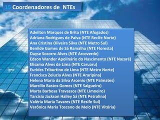 15 Coordenadores de NTEs


        Adeilton Marques de Brito (NTE Afogados)
        Adriana Rodrigues de Paiva (NTE Recife Norte)
        Ana Cristina Oliveira Silva (NTE Metro Sul)
        Benilde Gomes de Sá Ramalho (NTE Floresta)
        Dayse Socorro Alves (NTE Arcoverde)
        Edson Wander Apolinário do Nascimento (NTE Nazaré)
        Elisama Alves de Lima (NTE Caruaru)
        Eurides Triburtino de Lima (NTE Metro Norte)
        Francisca Zelucia Alves (NTE Araripina)
        Helena Maria da Silva Arcenio (NTE Palmates)
        Marcílio Bastos Gomes (NTE Salgueiro)
        Marta Barbosa Travassos (NTE Limoeiro)
        Tarcísio Jackson Halley Sá (NTE Petrolina)
        Valéria Maria Tavares (NTE Resife Sul)
        Verônica Maria Toscano de Melo (NTE Vitória)
 