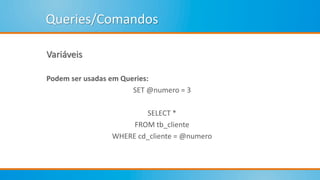 Queries/Comandos
Variáveis
Podem ser usadas em Queries:
SET @numero = 3
SELECT *
FROM tb_cliente
WHERE cd_cliente = @numero
 