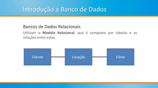 Introdução a Banco de Dados
Bancos de Dados Relacionais
Utilizam o Modelo Relacional, que é composto por tabelas e as
relações entre estas.
Cliente Locação Filme
 