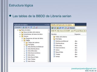 josealopezpastor@gmail.com
649.74.94.18
Las tablas de la BBDD de Librería serían
Estructura lógica
 